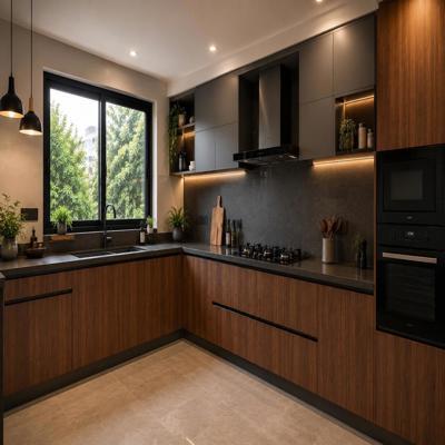 Modern Vertical Walnut And Grey Modular L Shape Kitchen Design