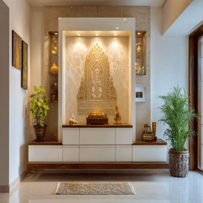 Modern Wall-Mounted Pooja Unit Design on White Finish