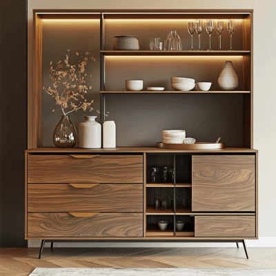 Modern Walnut Bronze Crockery Unit Design with Drawers and Shelves