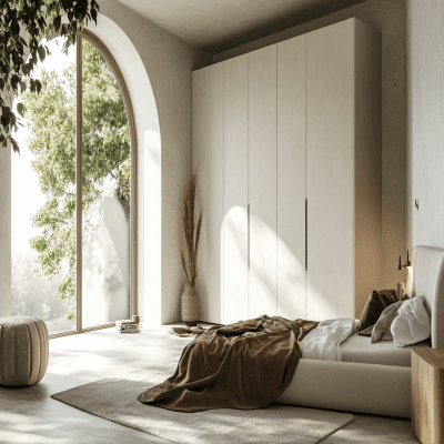 Modern White 5-Door Swing Wardrobe Design with Suede Finish