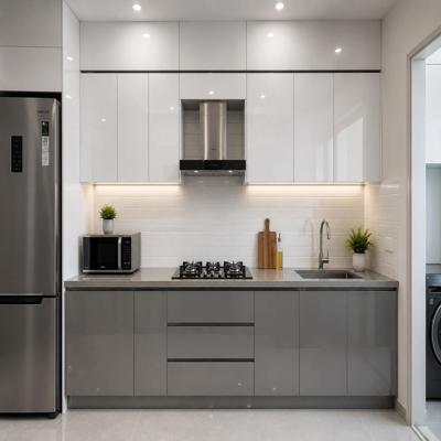 Modern White and Grey Straight Kitchen Design with High Gloss Laminate Finish
