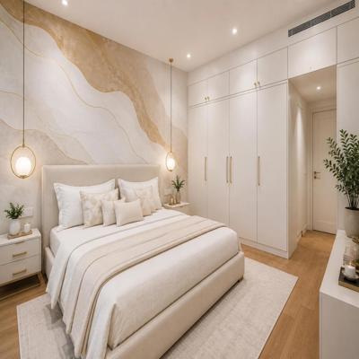 Modern White And Ivory Bedroom Design With Abstract Wall Design