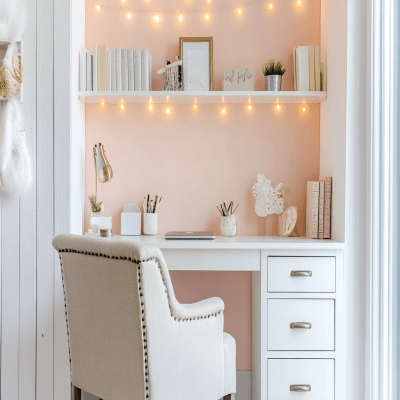 Modern White And Pink Study Room Design With Beige Upholstered Chair