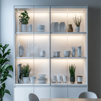 Modern White Crockery Unit Design with Glass-Front Display Storage