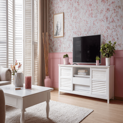 Modern White TV Unit Design With Shutter Storage