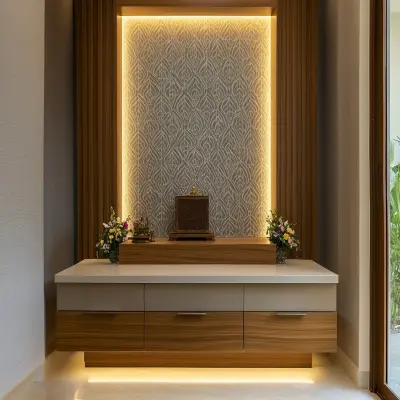 Modern Wood And Champagne-Toned Floor-Mounted Mandir Design With Grey Patterned Wallpaper