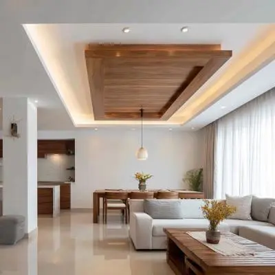 Modern Wooden and Gypsum Single Layered False Ceiling Design with Pendant Lighting