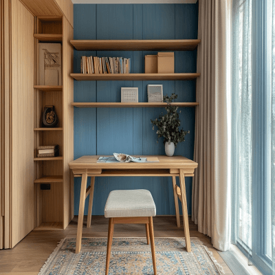 Modern Wooden Study Room Design With Blue Accent Wall