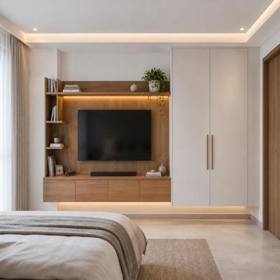 Modern Wooden Wall Mounted TV Console Design With 2Door Swing Wardrobe