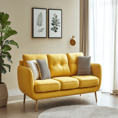 Modern Yellow-Themed Living Room Design with 3-Seater Sofa