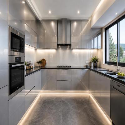 Modular Modern Metallic Silver U Shaped Kitchen Design With A High Gloss Finish