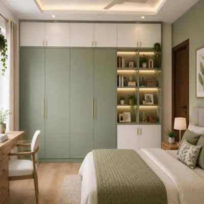 Multifunctional Green And White Wardrobe Design With Open Storage