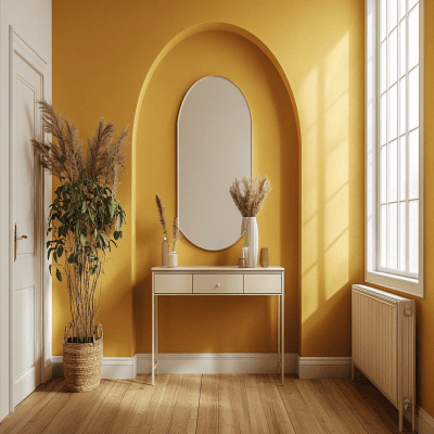 Mustard Yellow Wall Paint Design With Arched Mirror Accent