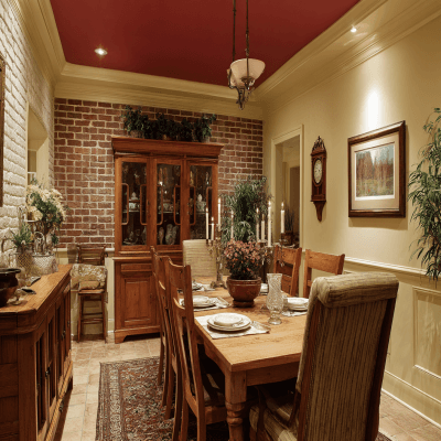 Natural Brick Red and Cream Wall Colour Combination for Dining Room with Wooden Hutch and Antique Clock