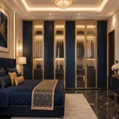 Navy Blue Contemporary 6 Door Swing Wardrobe Design with Glass and Matte Finish