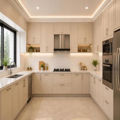 Off White Classic U Shaped Kitchen Design with Quartz Countertops