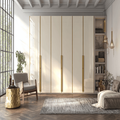 Off White Modern Swing Wardrobe Design with Brass Handles