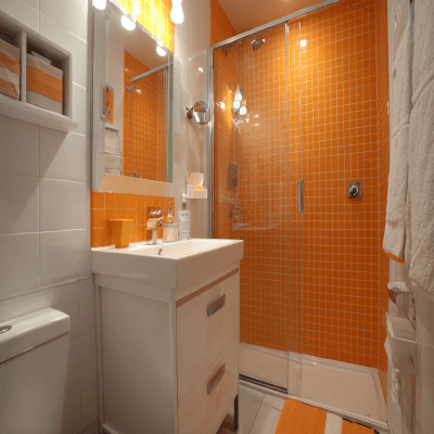 Orange And White Small Bathroom Idea With A Shower Area