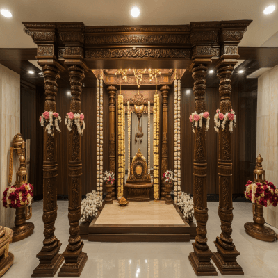 Ornate Classic Pooja Room Design With Pillars and Mirror Centrepiece