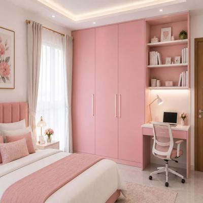 Pink Wardrobe Design With Study Table