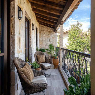 Rustic Balcony Design with Elegant Stone Cladding Wall Feature