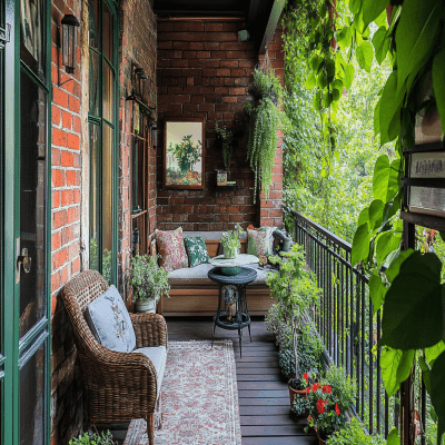 Rustic Balcony Design with Exposed Red Brick Wall and Greenery