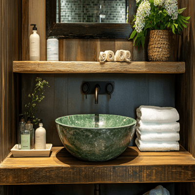 Rustic Bathroom Design with Green Marble Basin and Wooden Shelves