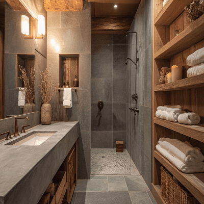Rustic Bathroom Design with Grey Tiles and Suede Finish Vanity