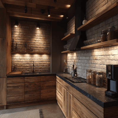 Rustic L-Shaped Kitchen Design Featuring Wooden Cabinets and Granite Countertops
