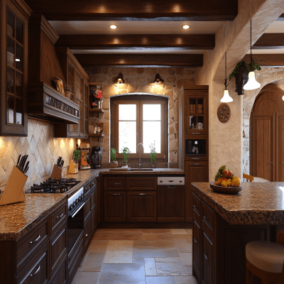 Rustic L-Shaped Kitchen Design With Walnut Cabinets and Granite Countertop
