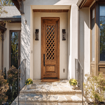 Rustic Single Wooden Door Design with Lattice Design