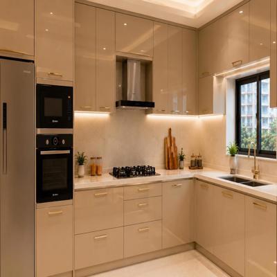 Sand Satin Contemporary L Shaped Kitchen Design with Glossy Cabinets