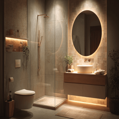 Scandinavian Bathroom Design with Round Mirror and Warm Beige Accents