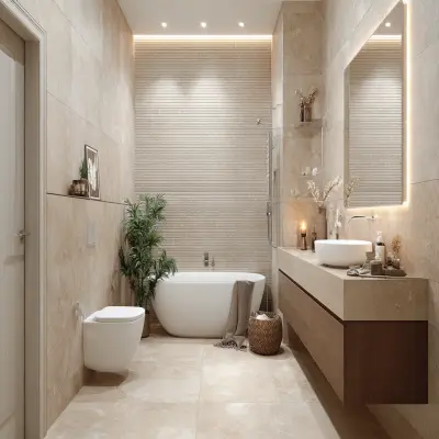 Scandinavian Bathroom Design With Vanity and Textured Beige Tiles