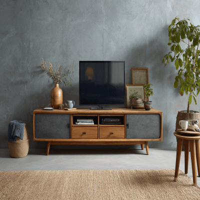 Scandinavian TV Unit Design In Tahiti Samoa Teak With Suede Finish