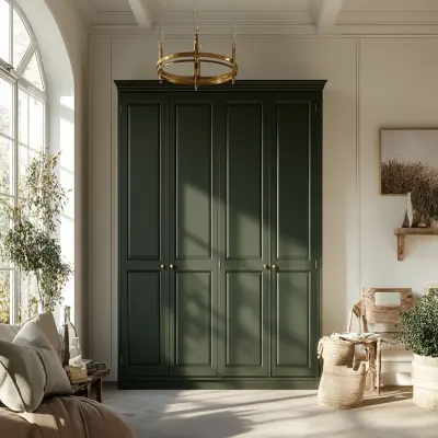 Shaker Style 4-Door Forest Green Swing Wardrobe Design With Matte Finish