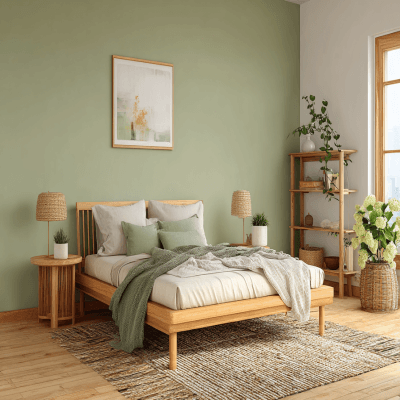 Simple Cream and Pastel Green Wall Colour Combination for Bedroom with Wooden Bed Frame and Floor Rug