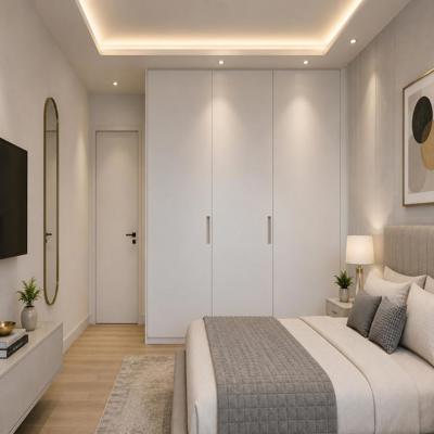 Simple False Ceiling Design for Bedroom With Hinged Wardrobe Shutter