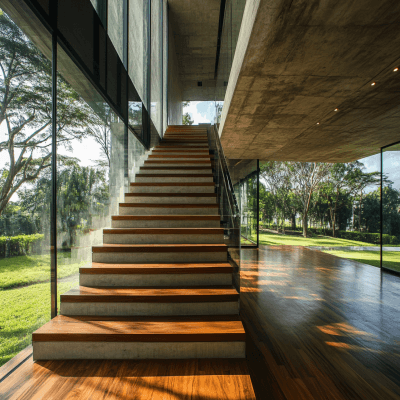 Modern Straight Staircase Design with Wood Concrete and Glass