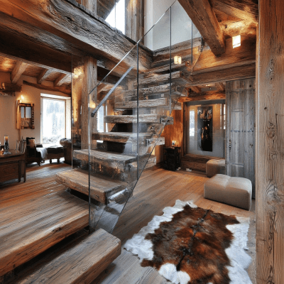 Rustic L-Shaped Staircase Design in Wood and Glass