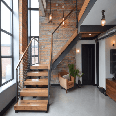 Industrial Half-Landing Wooden Staircase Design