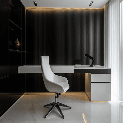 Contemporary Black and White Study Room Design with PVC Fluted Panels