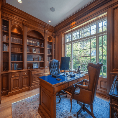 Classic Study Room Design with Blue Lacquered Glass Board