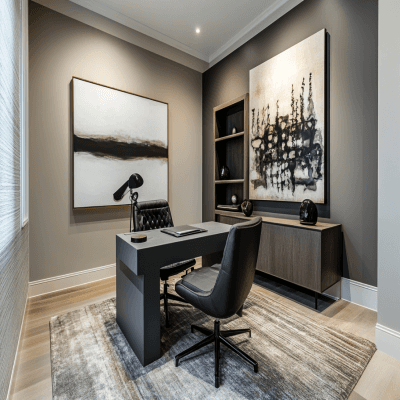 Contemporary Study Room Design with Grey and Wood Study Table and Black Swivel Chair