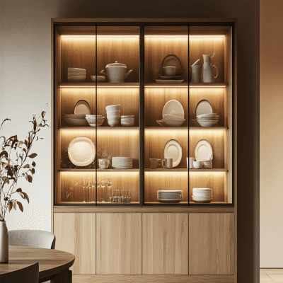 Farmhouse Crockery Unit Design with Drawers and Open Shelves