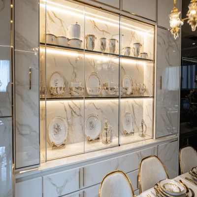 Luxury Crockery Unit Design with Marble Top and Gold Accents