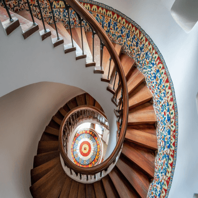 Mediterranean Spiral Staircase Design Made of Ceramic Tile Metal And Wood