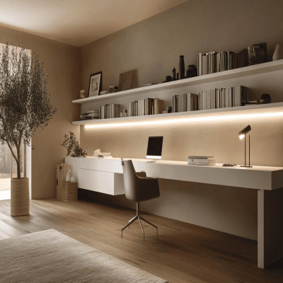 Modern White and Brown Study Room Design with Under-Ledge LED Lighting