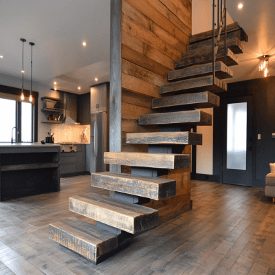 Rustic Floating Staircase Design Combining Wood and Metal Elements
