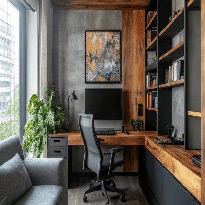 Rustic Study Room Design in Grey and Wood with Swivel Chair